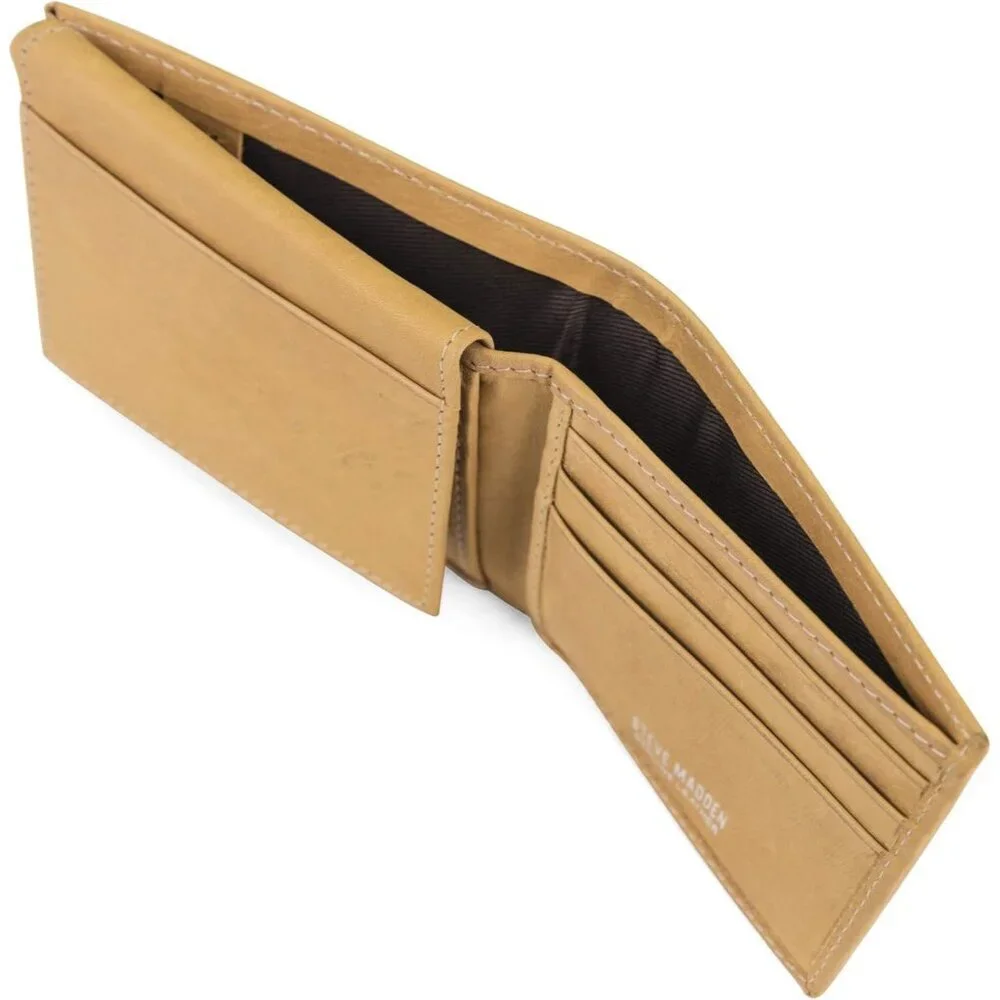Men's Yellow Attached Flip Pockets Genuine Leather Wallet Card Extra Capacity